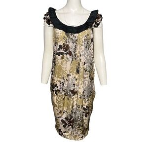 Rozae Nichols Vintage Floral Silk Shift Dress Size M Sequin Scale Neutral Colors